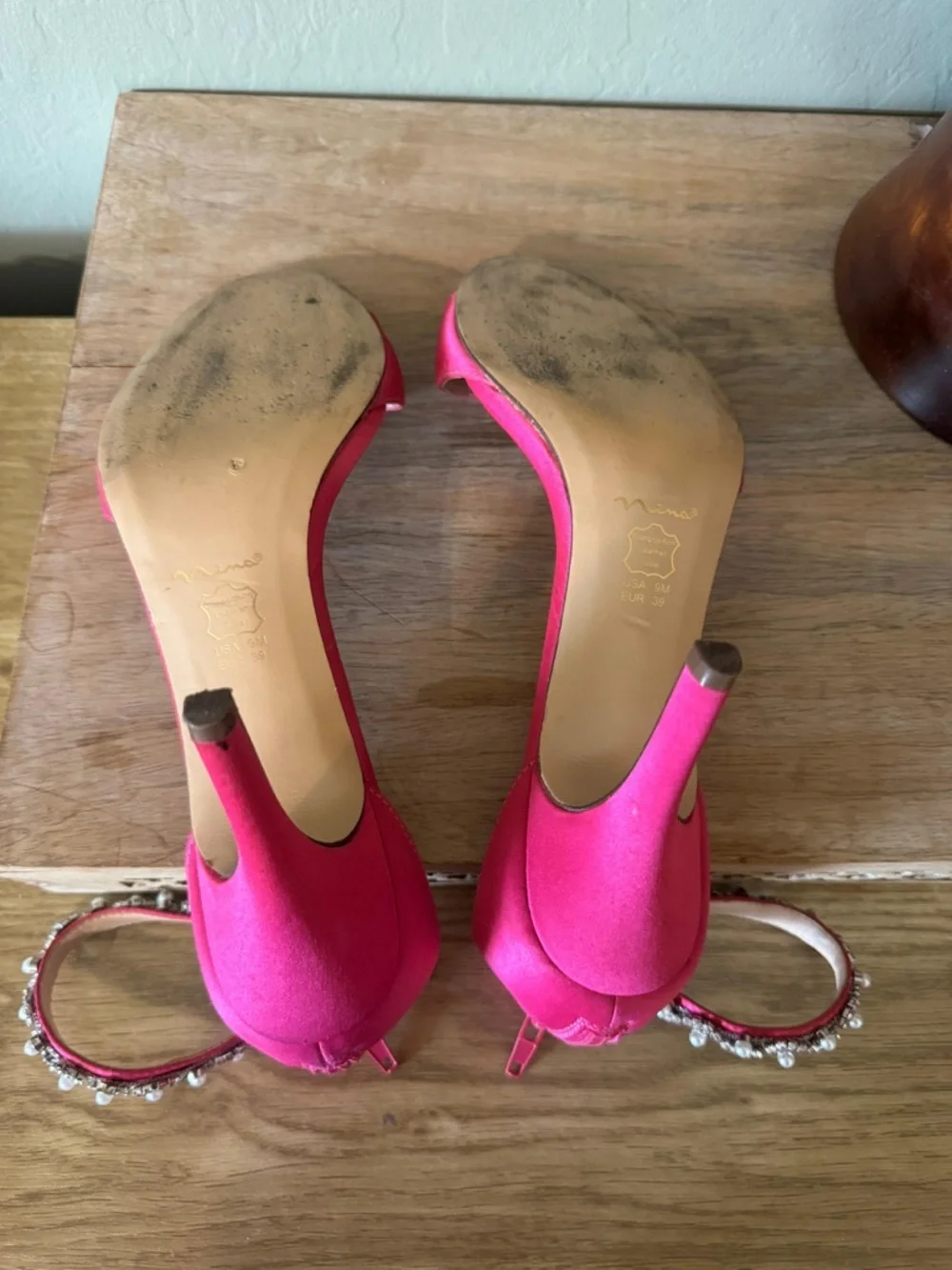 Nina Pink Satin Heels Size 9M Pearl Rhinestone Strap Stiletto